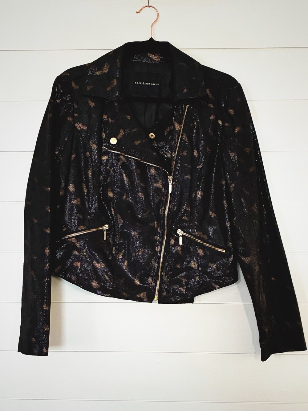 Rock & Republic Black Metallic Moto Jacket with Faux Leather Snake Print